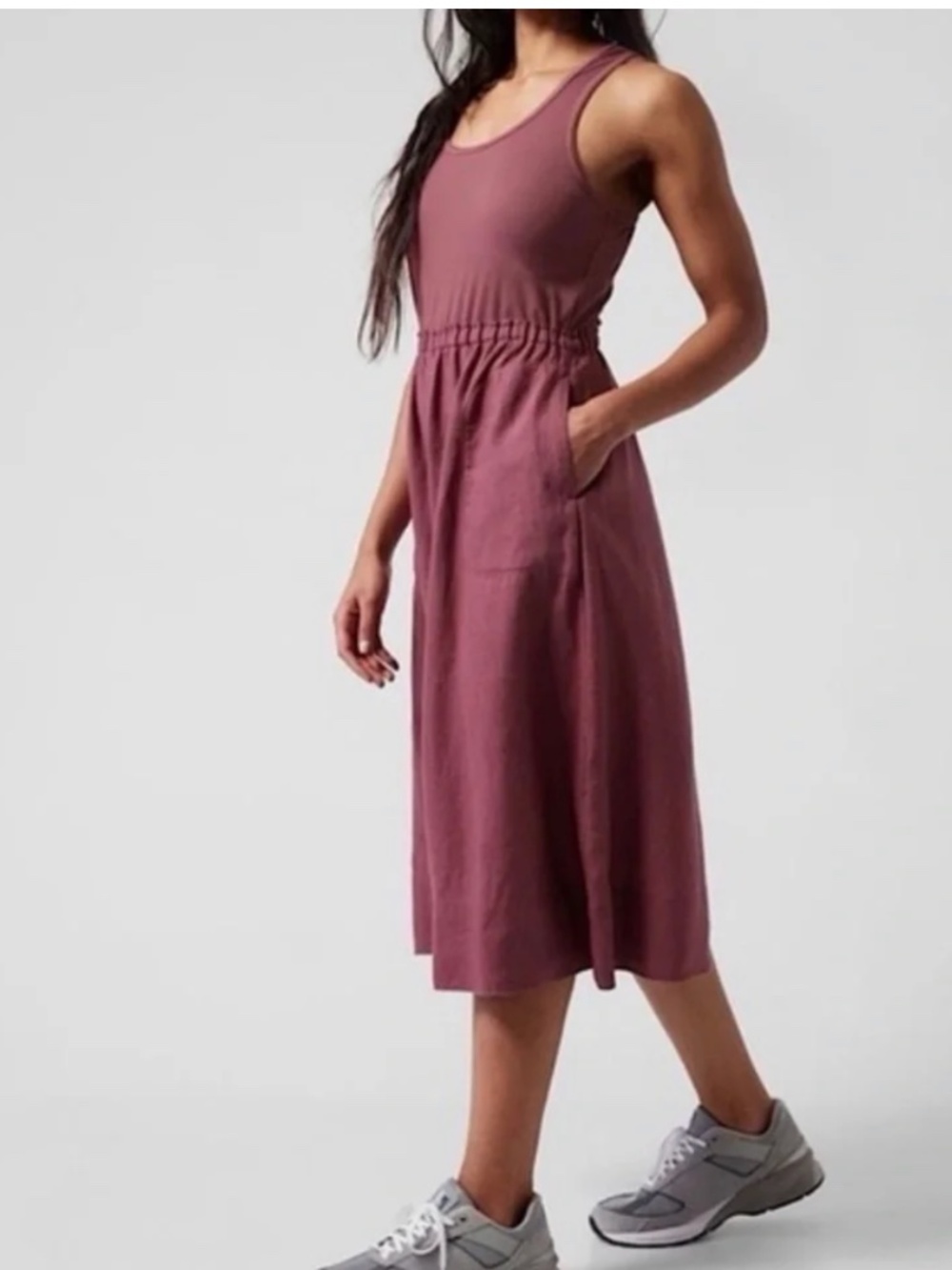 Athleta Baja Plum Purple Sleeveless Ribbed Top - Linen Midi Dress Size Small